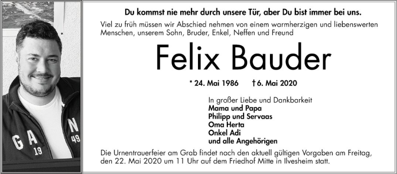  Traueranzeige für Felix Bauder vom 16.05.2020 aus Mannheimer Morgen