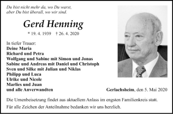 Traueranzeige von Gerd Henning von Fränkische Nachrichten