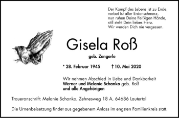 Traueranzeige von Gisela Roß von Bergsträßer Anzeiger
