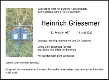 Traueranzeige von Heinrich Griesemer von Bergsträßer Anzeiger