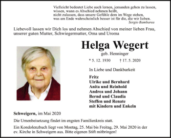 Traueranzeige von Helga Wegert von Fränkische Nachrichten