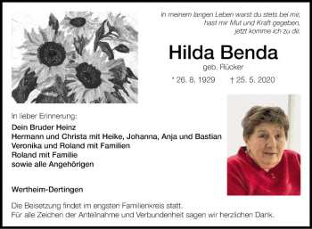 Traueranzeige von Hilda Benda von Fränkische Nachrichten