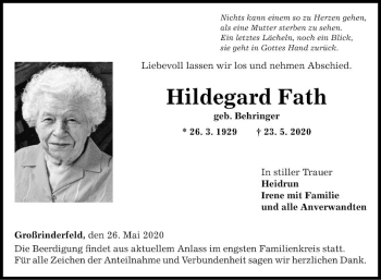 Traueranzeige von Hildegard Fath von Fränkische Nachrichten