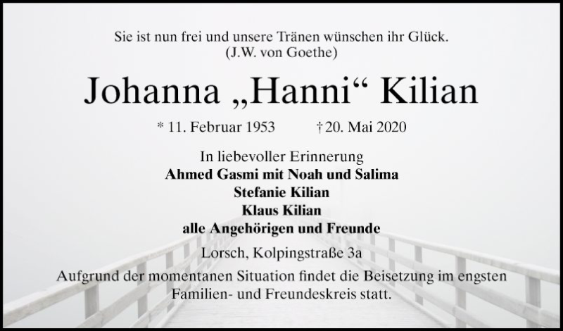  Traueranzeige für Johanna Kilian vom 23.05.2020 aus Bergsträßer Anzeiger