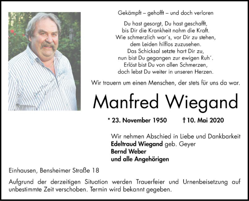  Traueranzeige für Manfred Wiegand vom 16.05.2020 aus Bergsträßer Anzeiger