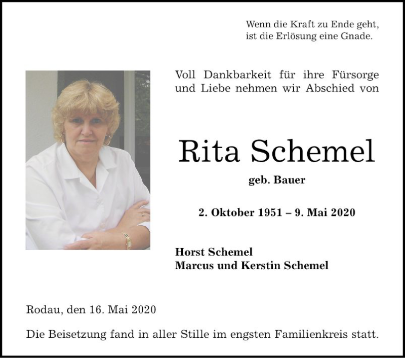 Traueranzeige für Rita Schemel vom 16.05.2020 aus Bergsträßer Anzeiger