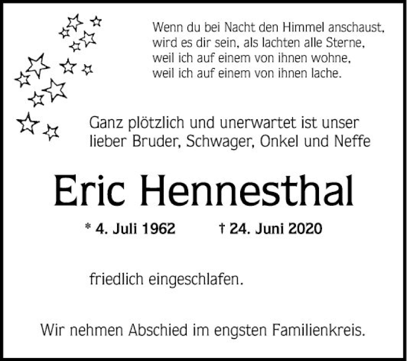  Traueranzeige für Eric Hennesthal vom 01.07.2020 aus Mannheimer Morgen
