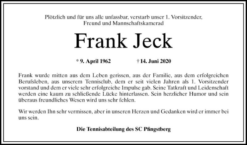 Traueranzeige für Frank Jeck vom 27.06.2020 aus Mannheimer Morgen