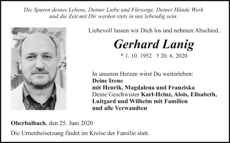  Traueranzeige für Gerhard Lanig vom 25.06.2020 aus Fränkische Nachrichten