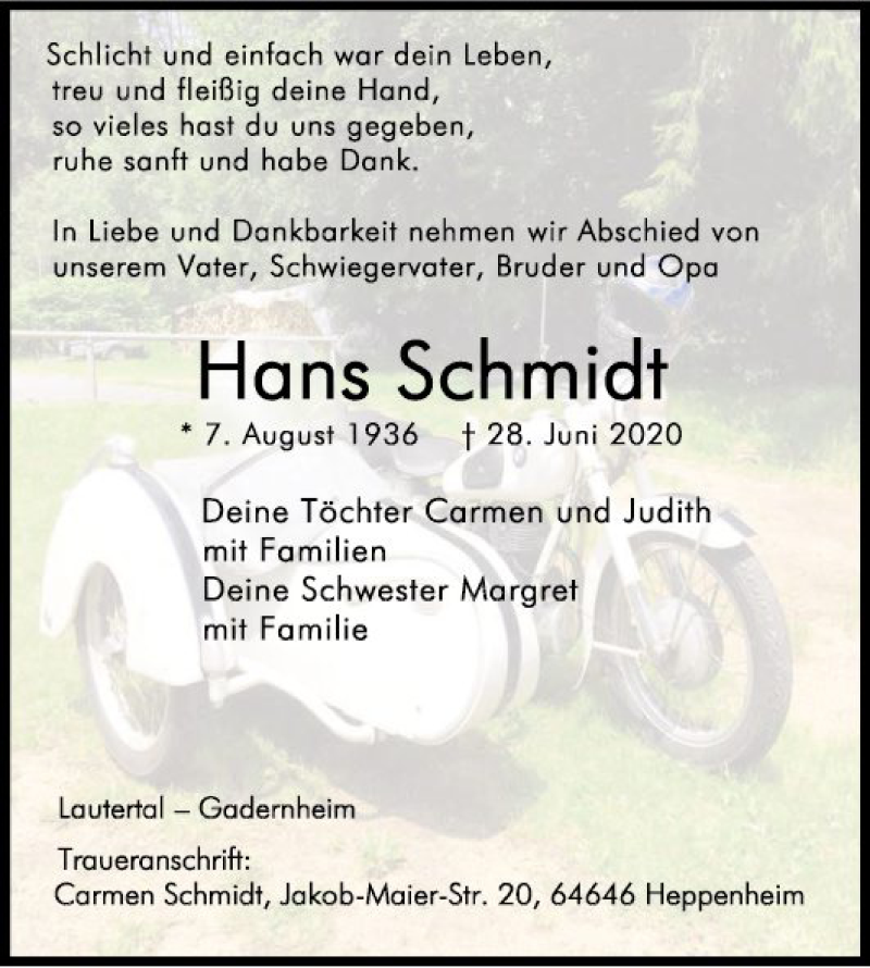  Traueranzeige für Hans Schmidt vom 01.07.2020 aus Bergsträßer Anzeiger