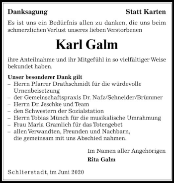 Traueranzeige von Karl Galm von Fränkische Nachrichten