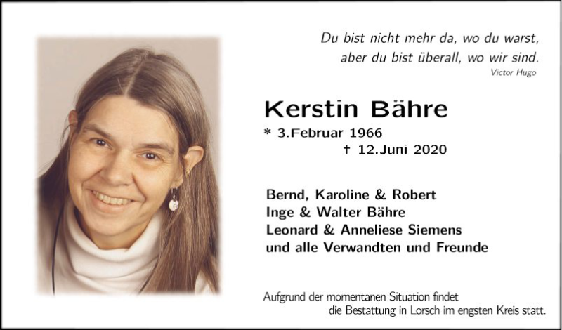  Traueranzeige für Kerstin Bähre vom 20.06.2020 aus Bergsträßer Anzeiger