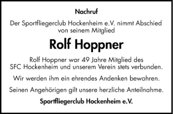 Traueranzeige von Rolf Hoppner von Schwetzinger Zeitung