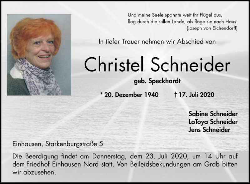  Traueranzeige für Christel Schneider vom 21.07.2020 aus Bergsträßer Anzeiger