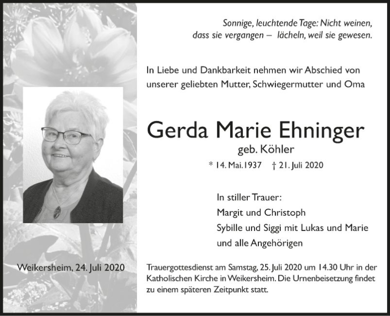  Traueranzeige für Gerda Marie Ehninger vom 24.07.2020 aus Fränkische Nachrichten