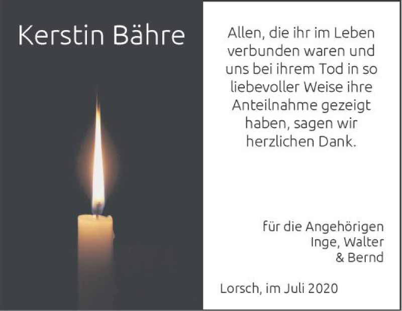 Traueranzeige für Kerstin Bähre vom 11.07.2020 aus Bergsträßer Anzeiger