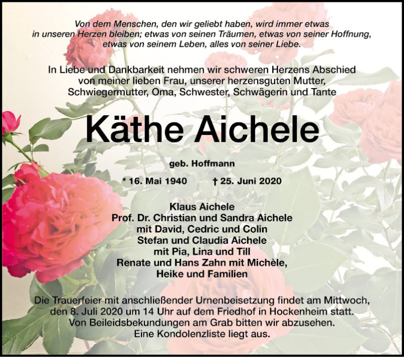  Traueranzeige für Käthe Aichele vom 04.07.2020 aus Schwetzinger Zeitung