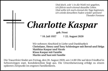Traueranzeige von Charlotte Kaspar von Schwetzinger Zeitung