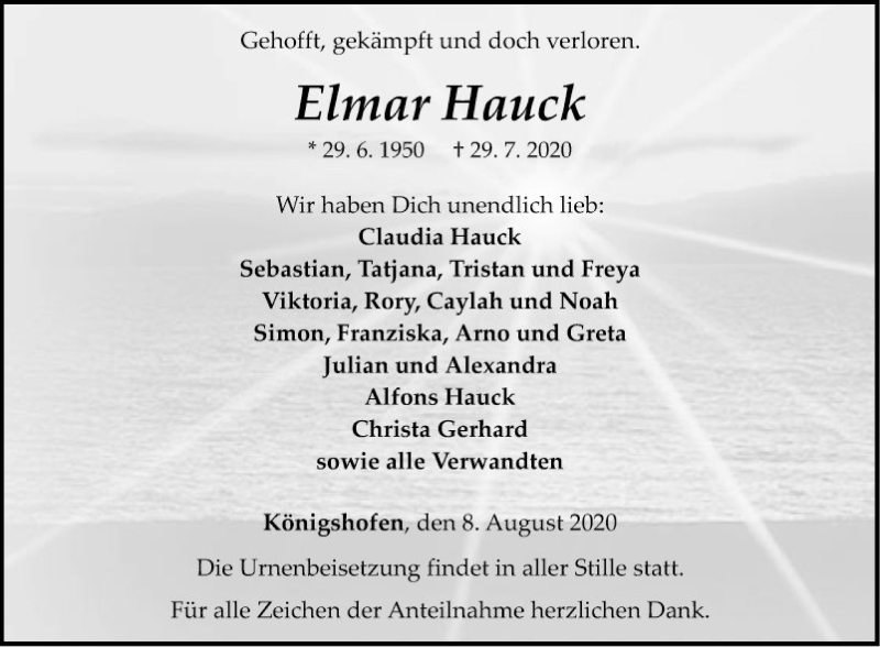  Traueranzeige für Elmar Hauck vom 08.08.2020 aus Fränkische Nachrichten
