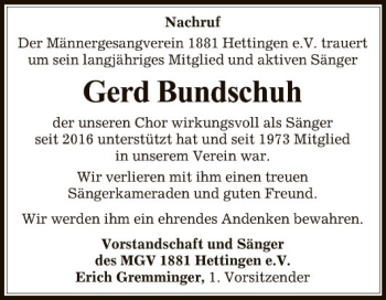 Traueranzeige von Gerd Bundschuh von Fränkische Nachrichten