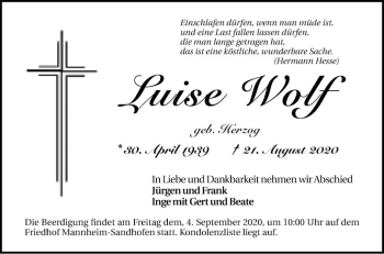 Traueranzeige von Luise Wolf von Mannheimer Morgen