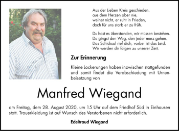 Traueranzeige von Manfred Wiegand von Bergsträßer Anzeiger