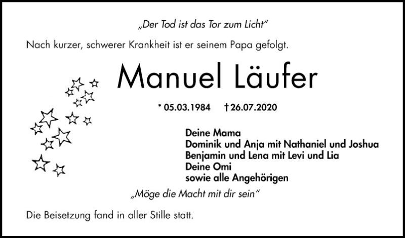  Traueranzeige für Manuel Läufer vom 08.08.2020 aus Mannheimer Morgen
