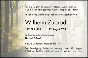 Traueranzeige von Wilhelm Zubrod von Bergsträßer Anzeiger