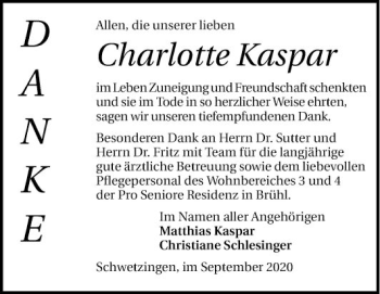 Traueranzeige von Charlotte Kaspar von Schwetzinger Zeitung