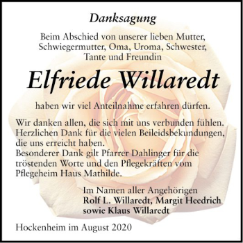 Traueranzeige von Elfriede Willaredt von Schwetzinger Zeitung