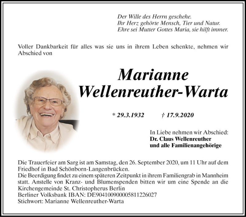  Traueranzeige für Marianne Wellenreuther-Warta vom 22.09.2020 aus Mannheimer Morgen