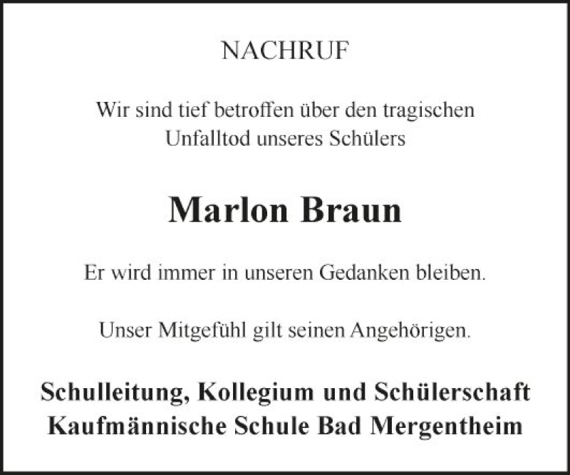  Traueranzeige für Marlon Braun vom 11.09.2020 aus Fränkische Nachrichten