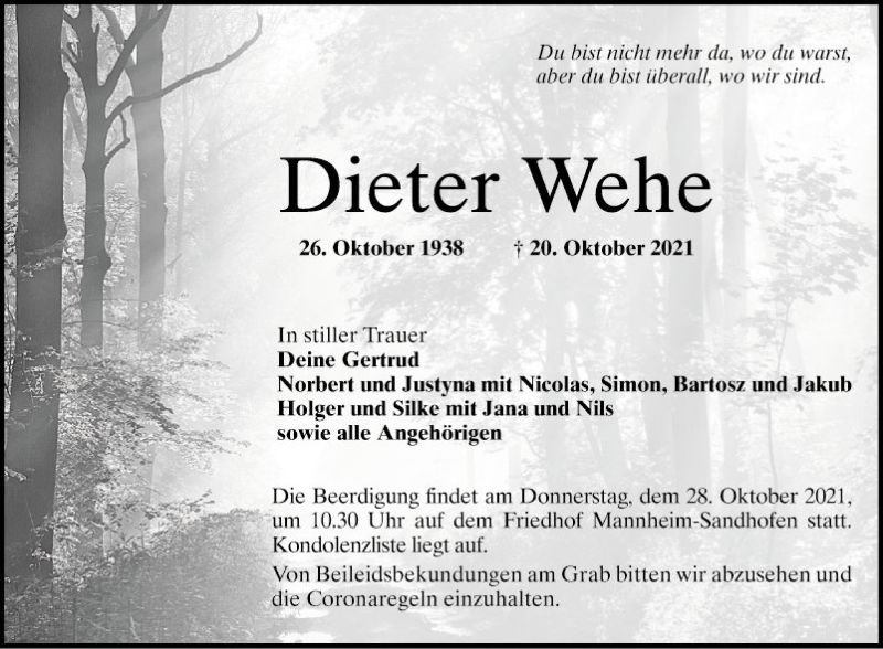  Traueranzeige für Dieter Wehe vom 23.10.2021 aus Mannheimer Morgen