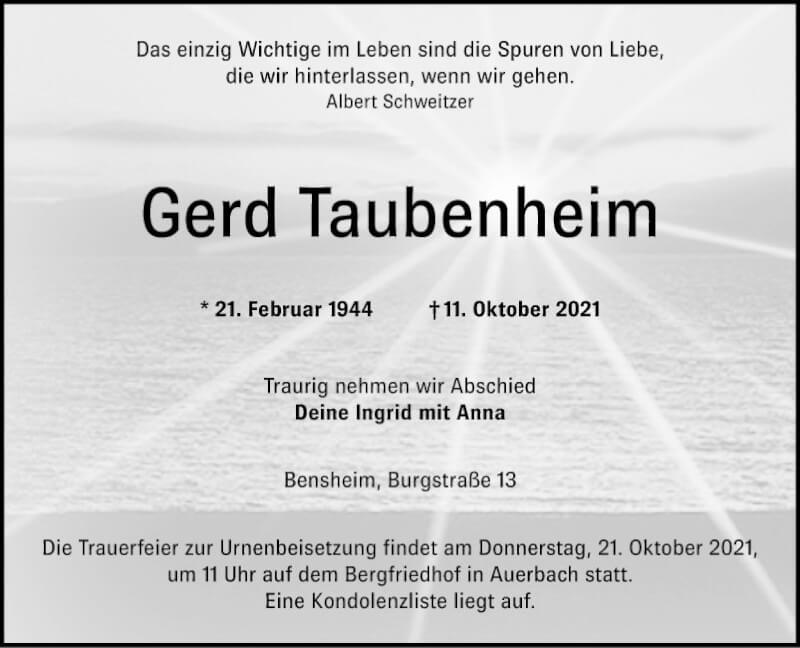  Traueranzeige für Gerd Taubenheim vom 16.10.2021 aus Bergsträßer Anzeiger