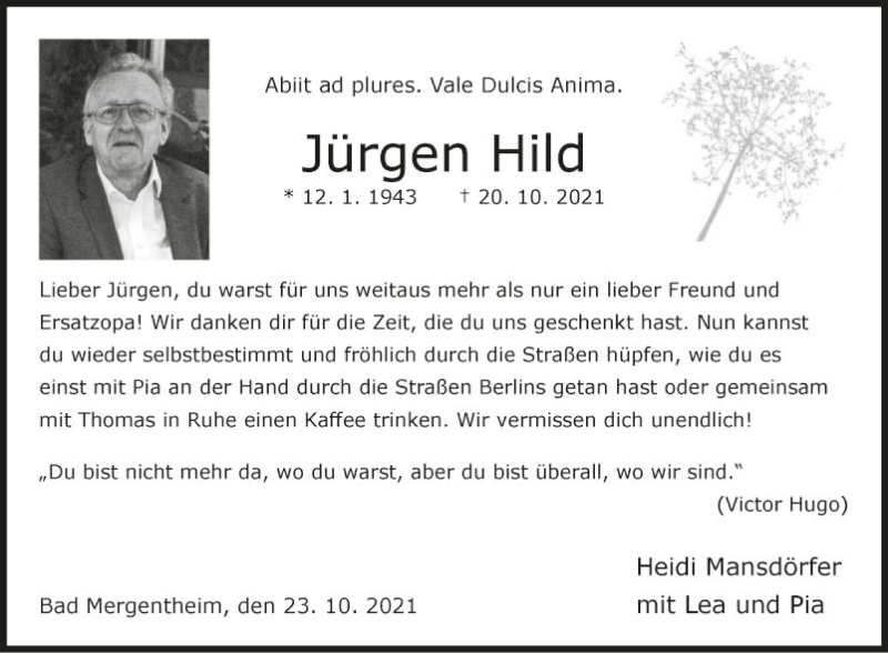  Traueranzeige für Jürgen Hild vom 23.10.2021 aus Fränkische Nachrichten