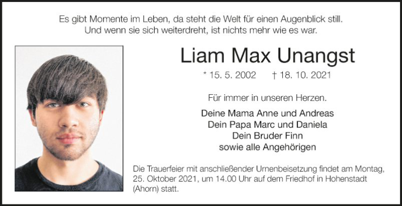  Traueranzeige für Liam Max Unangst vom 23.10.2021 aus Fränkische Nachrichten