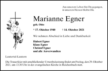 Traueranzeige von Marianne Egner von Bergsträßer Anzeiger