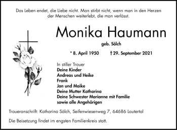 Traueranzeige von Monika Haumann von Bergsträßer Anzeiger
