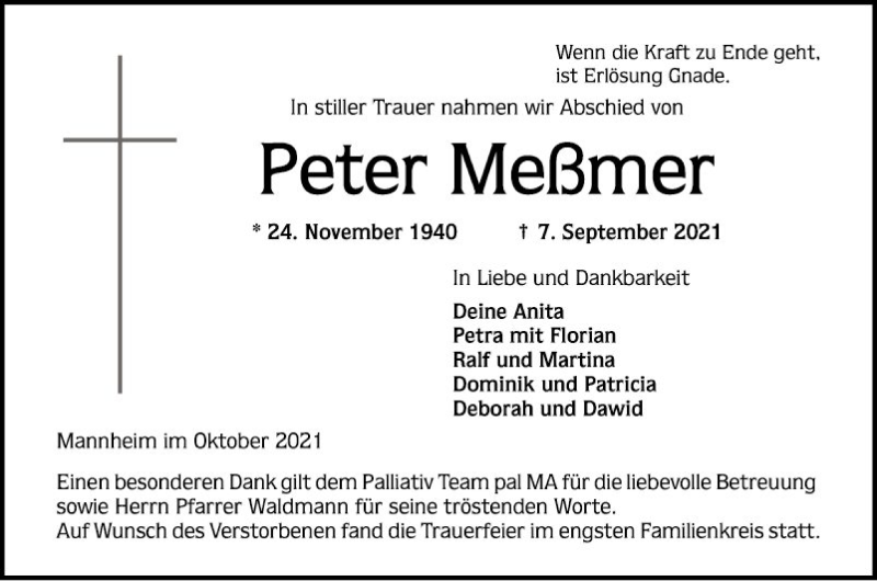  Traueranzeige für Peter Meßmer vom 02.10.2021 aus Mannheimer Morgen