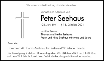 Traueranzeige von Peter Seehaus von Bergsträßer Anzeiger