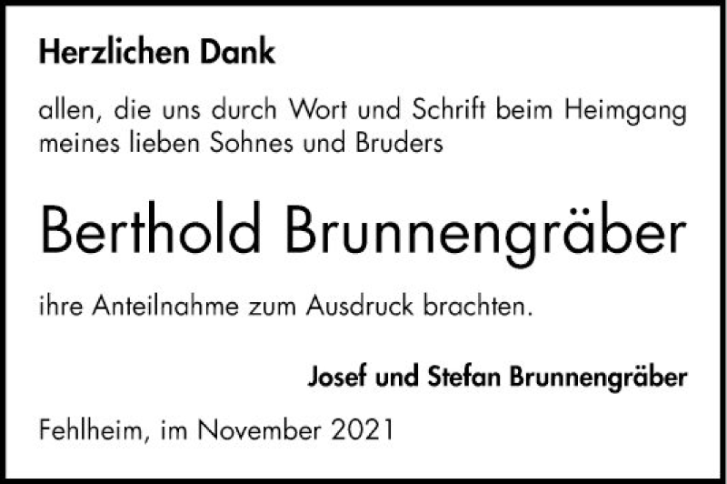  Traueranzeige für Berthold Brunnengräber vom 27.11.2021 aus Bergsträßer Anzeiger