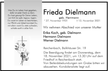 Traueranzeige von Frieda Dielmann von Bergsträßer Anzeiger