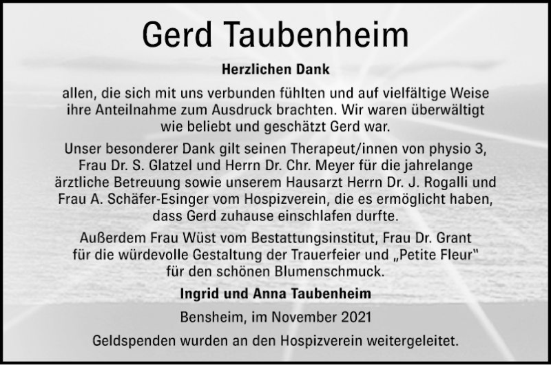  Traueranzeige für Gerd Taubenheim vom 13.11.2021 aus Bergsträßer Anzeiger
