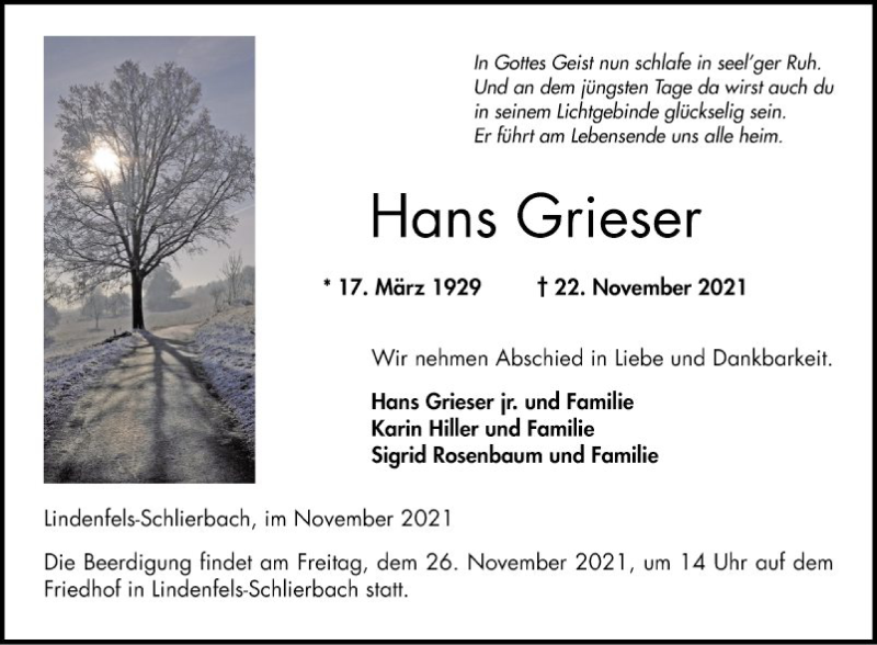  Traueranzeige für Hans Grieser vom 24.11.2021 aus Bergsträßer Anzeiger