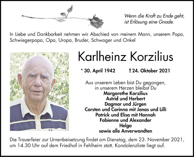  Traueranzeige für Karlheinz Korzilius vom 20.11.2021 aus Bergsträßer Anzeiger