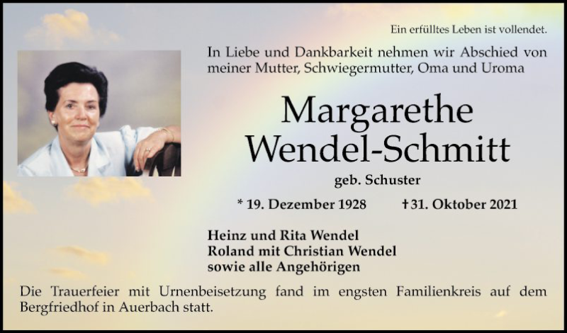  Traueranzeige für Margarethe Wendel-Schmitt vom 20.11.2021 aus Bergsträßer Anzeiger