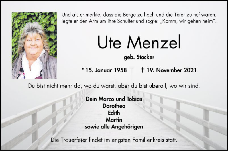 Traueranzeige für Ute Menzel vom 27.11.2021 aus Bergsträßer Anzeiger