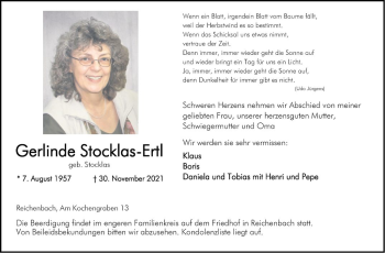 Traueranzeige von Gerlinde Stocklas-Ertl von Bergsträßer Anzeiger