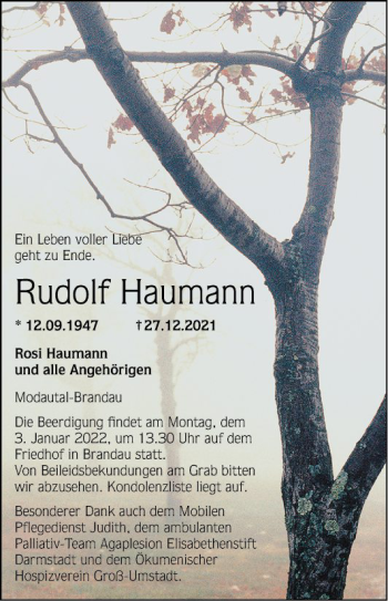 Traueranzeige von Rudolf Haumann von Bergsträßer Anzeiger