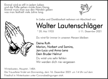 Traueranzeige von Walter Lautenschläger von Bergsträßer Anzeiger